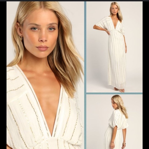 Lulus Dresses & Skirts - Goddess Vibes Ivory Gold Striped Dolman Sleeve Maxi Dress